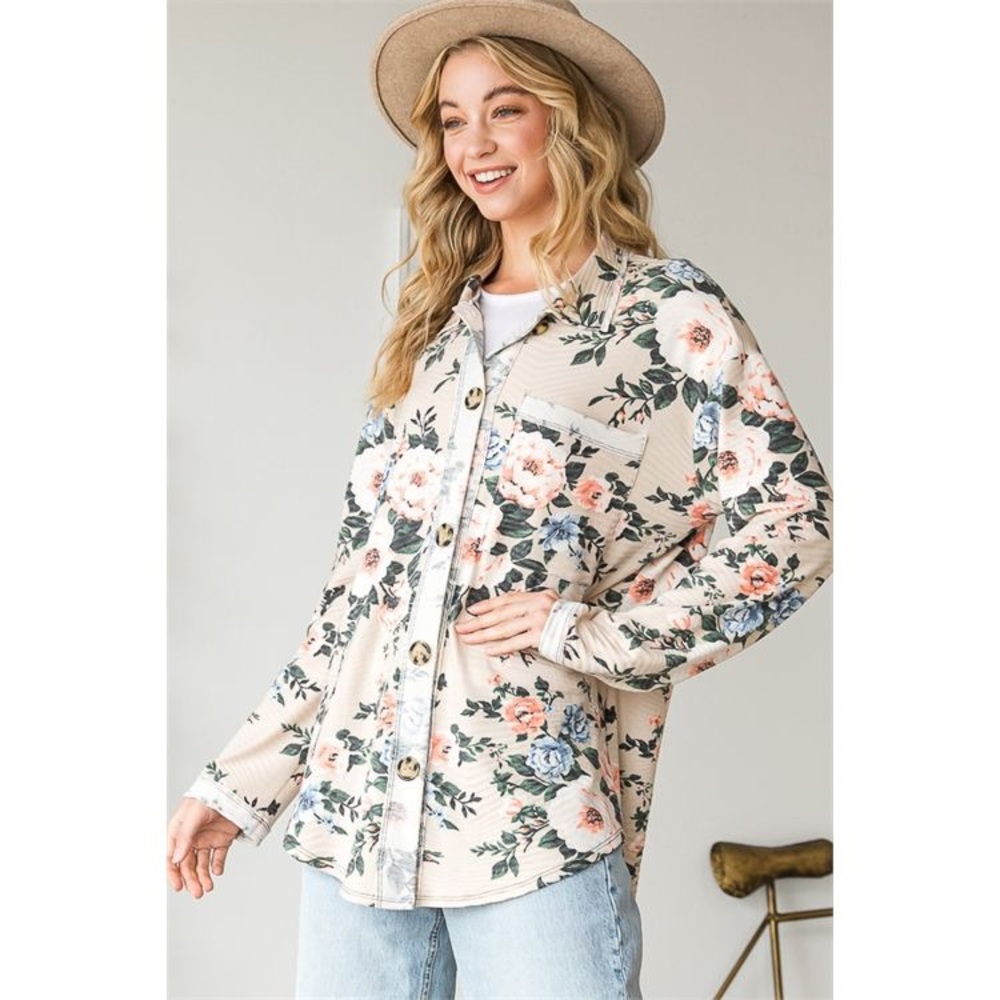 BEIGE ROSES PRINT BUTTON DOWN TOP - Picture 3 of 6
